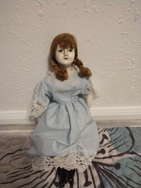 Dollhouse Blue and White Porcelain Doll with Brown Hair